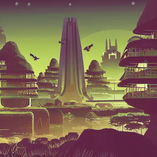 Image similar to beautiful happy picturesque charming organic utopian futuristic sci - fi town integrated in nature. beautiful light. grainy and rough. soft colour scheme. beautiful artistic vector graphic design art by lurid. ( 2 0 2 2 )