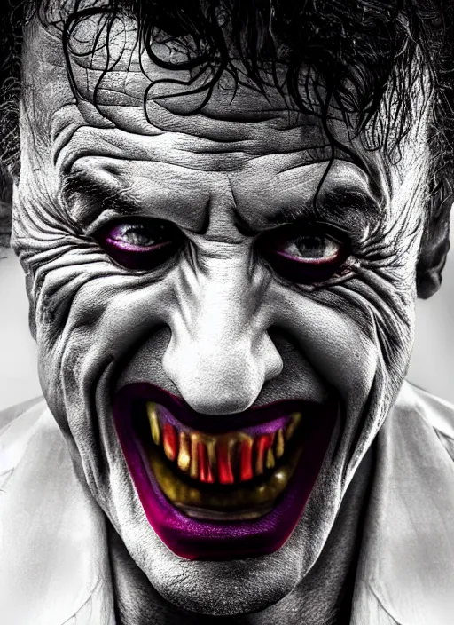 Prompt: photo of Sylvester Stallone as the Joker by Lee Jeffries , big smile, head shot, detailed, award winning, Sony a7R