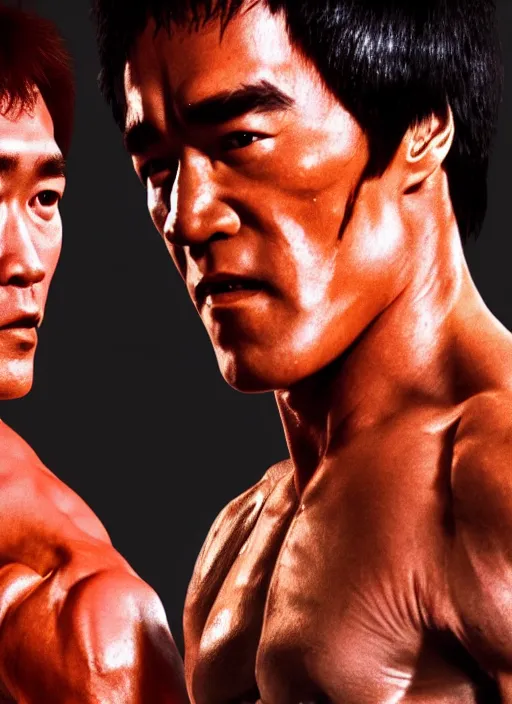 Prompt: Film poster, Arnold Schwarzenegger VS Bruce lee , faces look at each other, detailed and realistic, 4k, filmic render