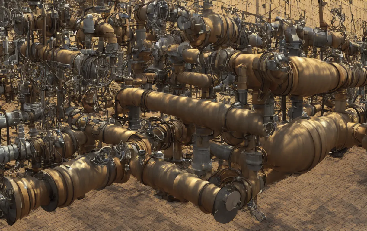 Image similar to realistic 3 d render of a steampunk pipeline with a single pipe going from the top left of the screen, to the top right, down, and going off in the bottom left of the screen