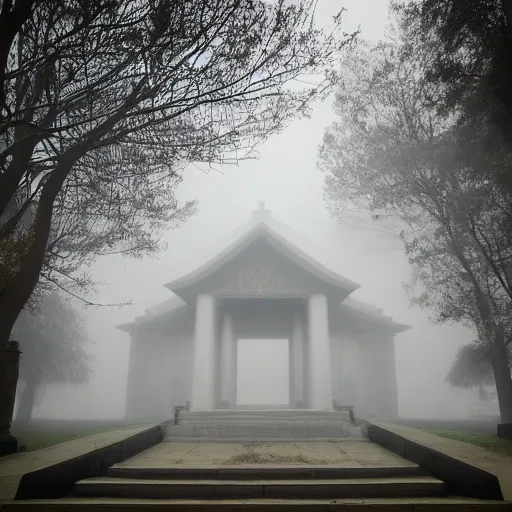 Image similar to Temple of knowledge, foggy entrance, mysterious architecture