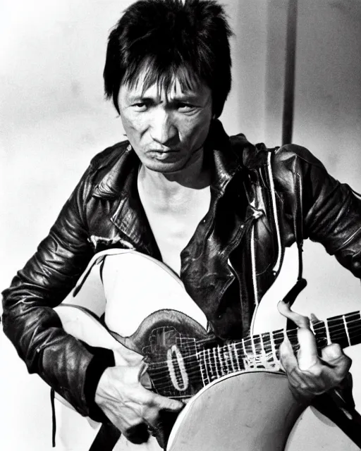 Image similar to sixty years old viktor tsoi with guitar in his hands, leather jacket, photo, microphone, rock concert, black and white, iso 9 0 0, 3 5 mm, kodak gold