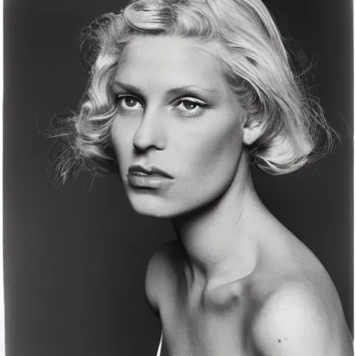 Image similar to photograph by richard avedon of olive skinned blonde female in her thirties wearing designer clothes