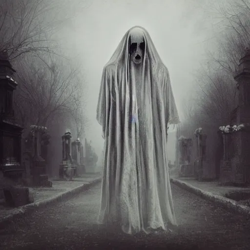 Image similar to ominous bedsheet ghost walking through the center of an old cemetery, oil painting, brush strokes, gloomy misty atmosphere, symmetrical, full body image, highly ornate intricate details, very sharp photo,