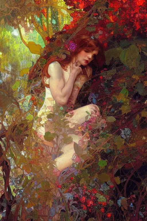 Prompt: a beautifull intricate painting of a disembodied soul surrounded by flowing leaves and spiderweb, vivid colors, artstation, by jeremy mann, by alphonse mucha,