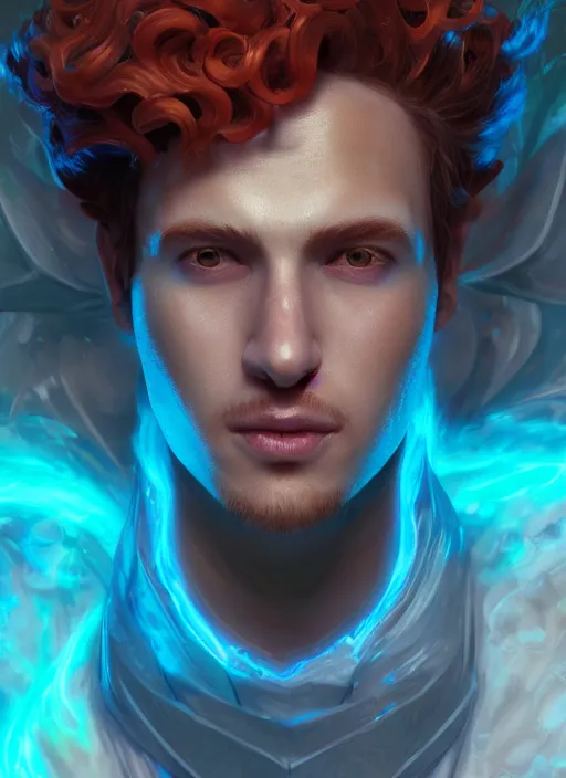 Image similar to glowwave portrait of curly orange hair man from league of legends, au naturel, hyper detailed, digital art, trending in artstation, cinematic lighting, studio quality, smooth render, unreal engine 5 rendered, octane rendered, art style by klimt and nixeu and ian sprigger and wlop and krenz cushart.