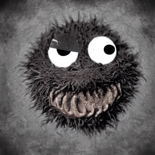 Image similar to creepy cookie monster, demonic, evil grin, tintype, realistic.