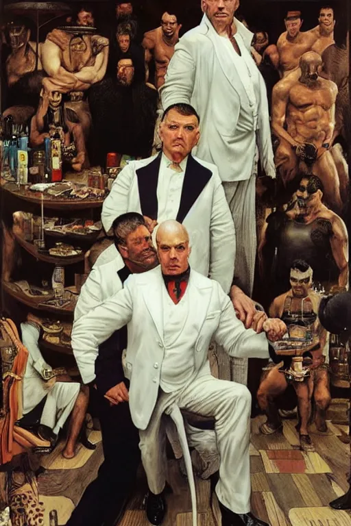 Prompt: full length portrait of morgan aste as a huge gangster wearing a white suit and spats standing beside much smaller robert deniro wearing shirt and pants, cafe in background, by lawrence alma tadema and zdzislaw beksinski and norman rockwell and jack kirby and tom lovell and greg staples