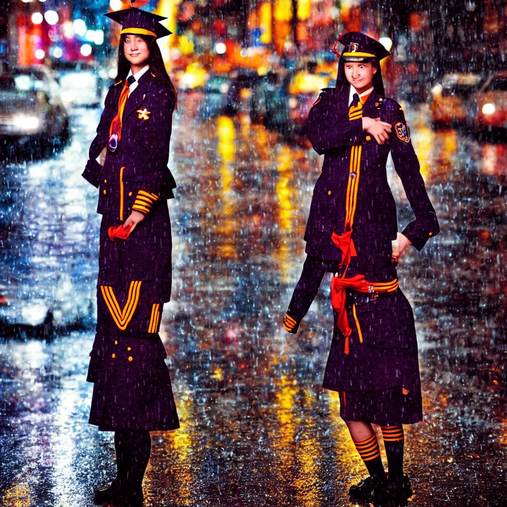 Image similar to night flash portrait photography of a high school girl in uniform on the lower east side by annie leibovitz, colorful, nighttime!, raining!