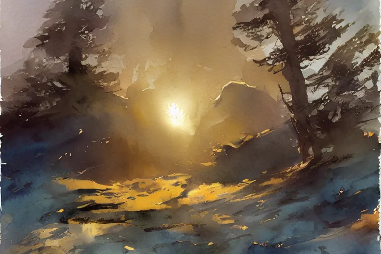 Image similar to small centered on watercolor paper, paint brush strokes, abstract watercolor painting of copper night sky over ancient silver forest, cinematic light, national romanticism by hans dahl, by jesper ejsing, by anders zorn, by greg rutkowski, by greg manchess, by tyler edlin, by craig mullins