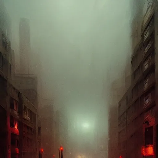 Image similar to A dark painting of a city shrouded in fog and illuminated by red streetlights, abandoned buildings, view from the street, by Greg Rutkowski, trending on artstation