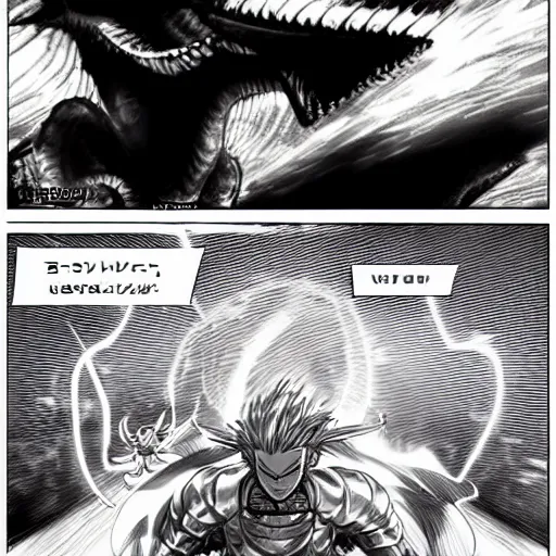 Image similar to knight driving a car, dragon blowing fire above, manga panel, ONE, Murata, Berserk