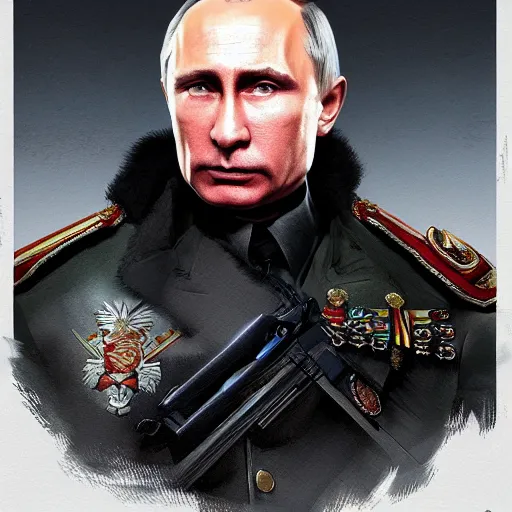 Image similar to Vladimir Putin as General Sebastiano Di Ravello from Just Cause 2 game, portrait, highly detailed, digital painting, artstation, concept art, smooth, sharp focus, illustration, cinematic lighting, art by artgerm and greg rutkowski and alphonse mucha