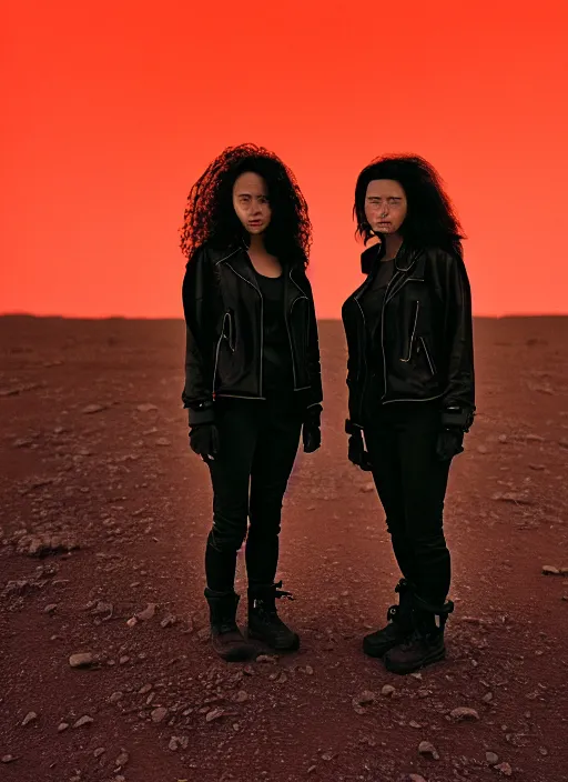Prompt: cinestill 5 0 d photographic portrait of two loving clones, women wearing rugged black techwear on a desolate plain with a red sky, closeup, diverse species, cyberpunk, in front of a brutalist dark metal facility, dust storm, 3 5 mm, 8 k, depth of field, high resolution