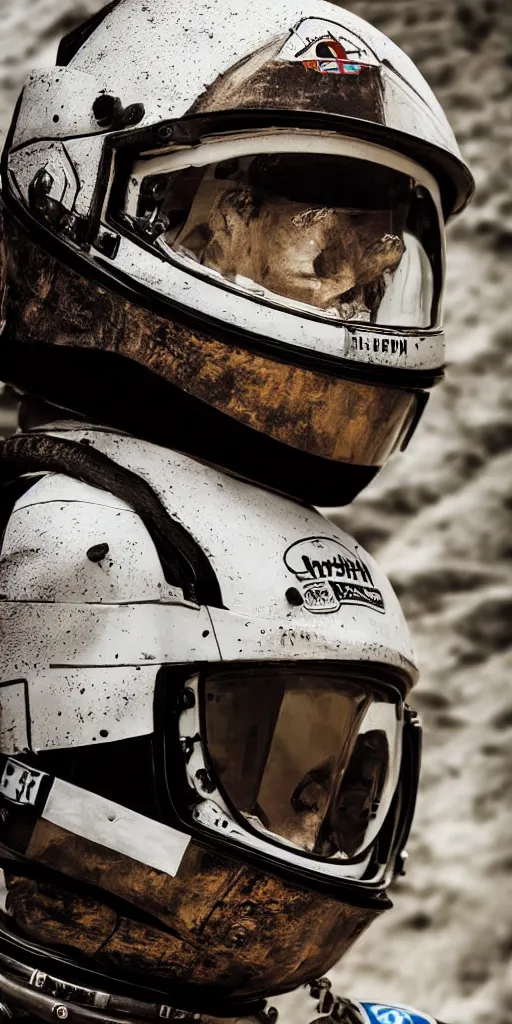 Prompt: closeup portrait photograph of an astronaut extreme sports dirt bike rider, helmet, human head, portrait, hyper realistic, highly detailed, retrofuturism