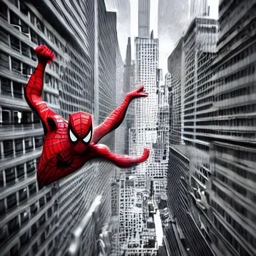 Image similar to spiderman swinging through the city, seen from below, far away, blurry photo, 2 0 1 0