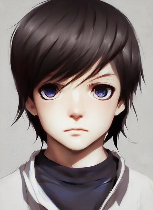 Image similar to detailed portrait art of boy with white three to seven hair, art by ross tran ilya kuvshinov krenz cushart, wear a white shirt, the left eye is black, the right eye is blue, and the bone is exposed on the right forehead, very detailed, intricate, digital anime art, sharp focus