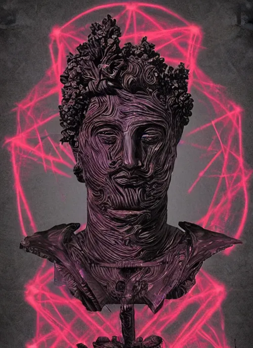 Image similar to dark design poster showing a statue of dionysus, mostly monochromatic, black background with very subtle red and purple design elements, powerful, nekro, vito acconci, thin straight lines, dark, glitch art, neo vaporwave, gritty, layout frame, square, trending on artstation