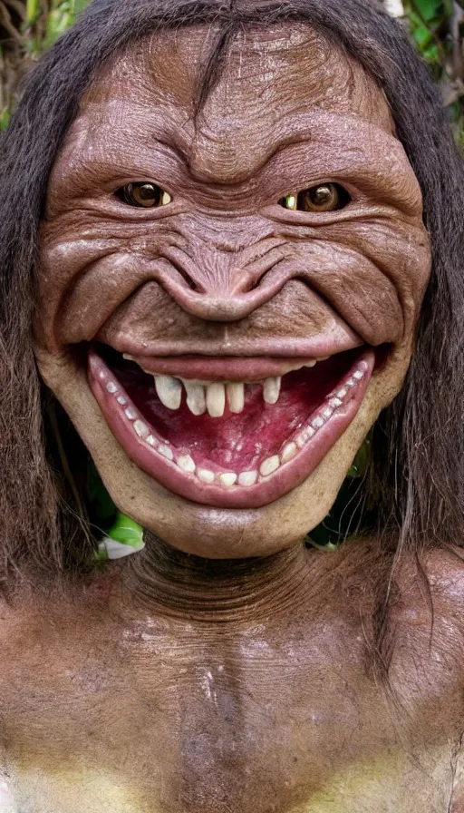 Image similar to portrait of smiling humanoid creature discovered on remote southeast asian island, national geographic, award winning photography