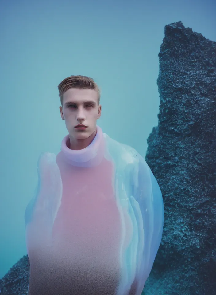 Image similar to high quality pastel coloured film portrait photograph of a beautiful young 2 0 year old male, soft features, short hair, wearing perspex space mask and oversized inflated clothing!! icelandic black rock pool environment. atmospheric three point light. photographic. art directed. ( pastel colours ). volumetric. clearcoat. waves. 8 k. filmic.