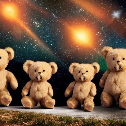 Image similar to a group of teddy bears standing in a circle holding hands outside their caste under a starry sky