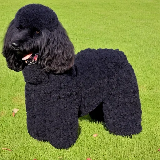 Image similar to black goldendoodle dog, wearing pimp suit