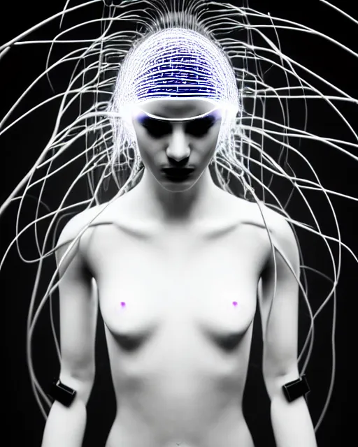 Image similar to black and white dreamy spiritual connected young female cyborg - plant goddess high quality photo, microchip, artificial intelligence, bio - mechanical bio - luminescence, black wired cables, neurons, nerve cells, cinematic, rim light, photo - realistic, elegant, high detail, 8 k, masterpiece, high fashion