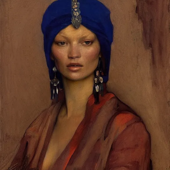 Prompt: Kate moss by Annie Swynnerton and Nicholas Roerich and Vermeer, strong dramatic cinematic lighting, ornate headdress, lost civilizations, smooth, sharp focus, extremely detailed