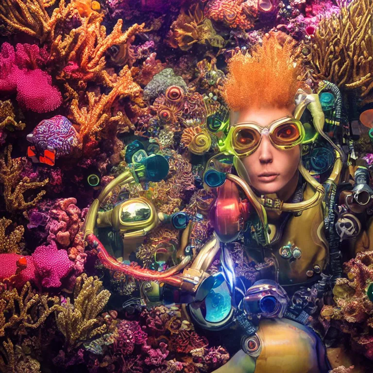 Image similar to octane render portrait by wayne barlow and carlo crivelli and glenn fabry, subject is a shiny reflective psychedelic colorful dieselpunk scuba diver with small dim lights inside helmet, surrounded by bubbles inside an exotic alien coral reef aquarium full of exotic fish and sharks, cinema 4 d, ray traced lighting, very short depth of field, bokeh