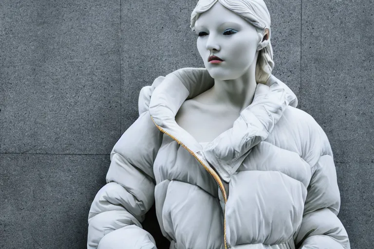 Image similar to well lit fashion shoot portrait of extremely beautiful female marble statue wearing huge over size puffer jacket by dingyun zhang, yeezy, balenciaga, vetements, a cold wall, sharp focus, clear, detailed,, cinematic, detailed, off white, glamourous, symmetrical, vogue, editorial, fashion, magazine shoot, glossy