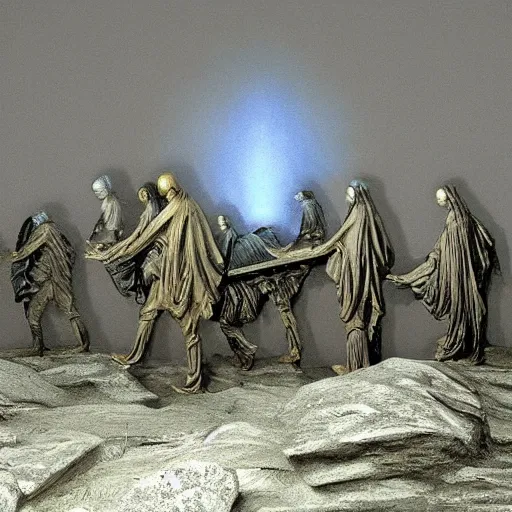 Image similar to A beautiful sculpture of a coffin being carried by six men through an ethereal, otherworldly landscape. The coffin is adorned with a relief of a skull and crossbones, and the men are all wearing hooded cloaks. The landscape is eerie and foreboding, with jagged rocks and eerie, glowing plants. DayGlo blue, gold by Ted Nasmith improvisational