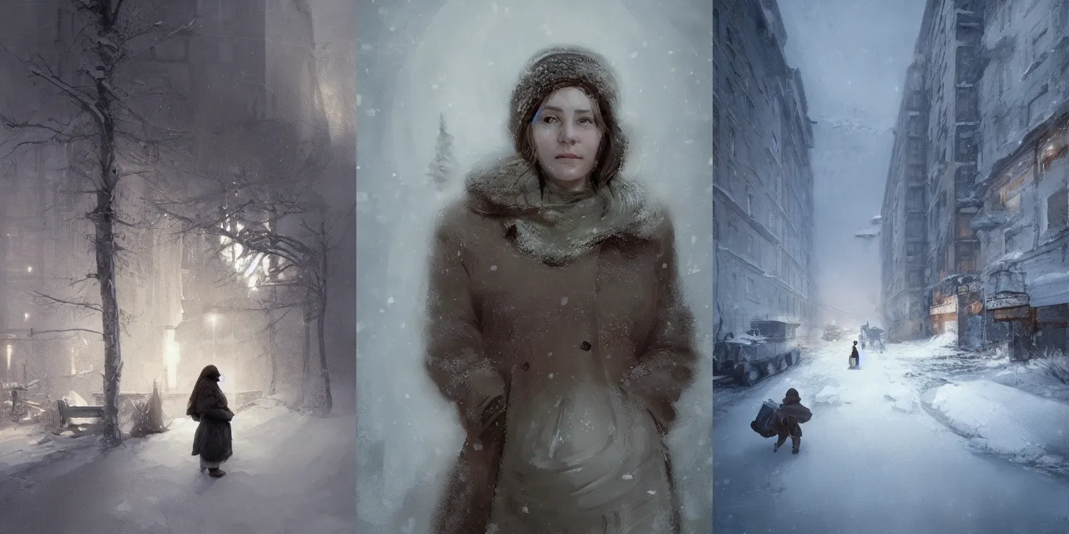 Prompt: portrait of a pregnant woman in the besieged Leningrad in winter, detailed, volumetric lighting, scenery, digital painting, highly detailed, artstation, sharp focus, illustration, concept art, ruan jia