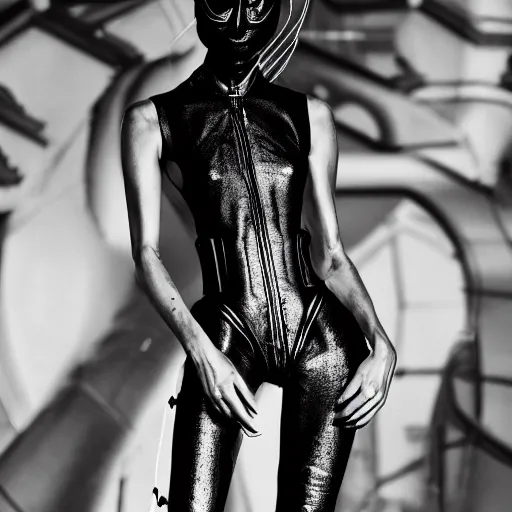 Image similar to fashion black and white photography of an alien model, wearing demobaza fashion, inside berghain, berlin fashion, harness, futuristic fashion, dark minimal outfit, photo 3 5 mm leica, hyperdetail, berghain, 8 k, very detailed, photo by nick knight