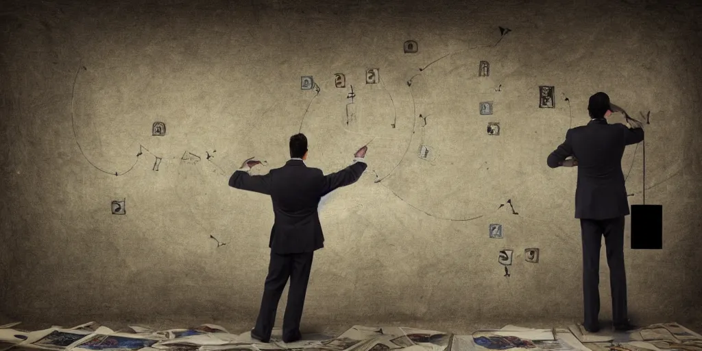 Image similar to back shot of male accountant examining the mysteries of tarot cards on a magical blackboard, fantasy art, matte painting, high quality