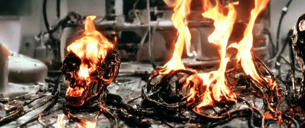 Image similar to filmic closeup dutch angle movie still 4k UHD 35mm film color photograph of 3 doctors burning alive inside of a science lab, melted and charred flesh, screaming in agony, in the style of a 1980s horror film