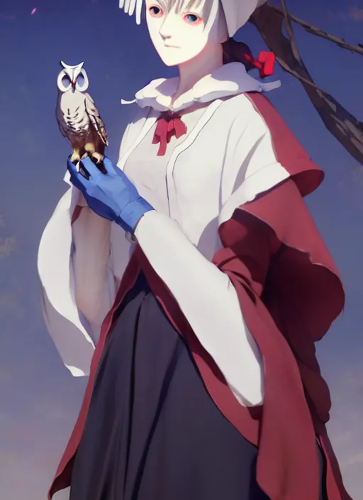 Image similar to florence nightingale with her pet owl in the pocket of her apron gapmoe yandere grimdark, trending on pixiv fanbox, painted by greg rutkowski makoto shinkai takashi takeuchi studio ghibli