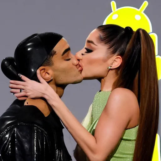 Prompt: ariana grande kissing an android on public 4k photo