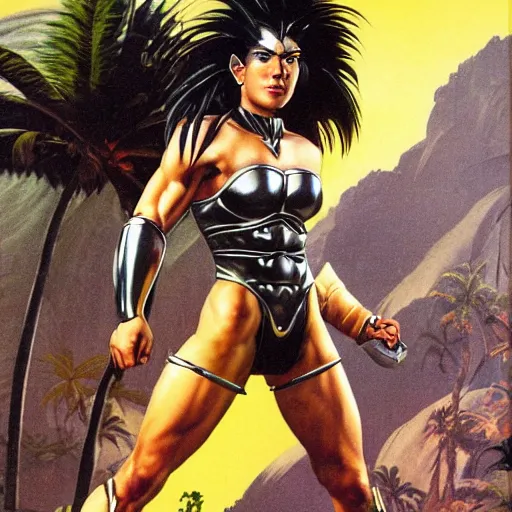 Image similar to 23-year-old muscular warrior girl wearing chrome silver armor, black spandex, electrified hair, wild spiky black hair, wild black hair, yellow eyes, tropical, palm trees, chrome buildings, futuristic base, 1987, Frank Frazetta, pulp art, video game box art, hyper-detailed