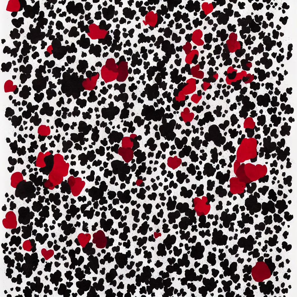 Prompt: camo made of hearts, smiling, abstract, rei kawakubo artwork, cryptic, dots, stipple, lines, splotch, color tearing, pitch bending, color splotches, dark, ominous, eerie, minimal, points, technical, old painting