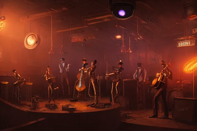 Image similar to 3 steampunk robot jazz musicians playing at a night club, focus on the musicians, cinematic lighting, exaggerated detailed, unreal engine, octane render, trending on artstation, art by greg rutkowski, 4 k