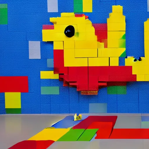 Prompt: a large rubber duck sits alone in a large room next to a birthday cake made out of lego bricks. the walls are covered with colorful wall paintings in the style of sol lewitt.