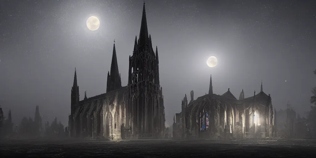 Image similar to Behind the tall and delicate gothic church at night, a huge delicate metal astrolabe in the moonlight, with ghosts floating in the foreground, light through the mist, dramatic lighting, photorealistic, cinematic lighting, high detail, cinematic feel, high octane, 4K, Unreal Engine, digital render, intricate, ultra realistic