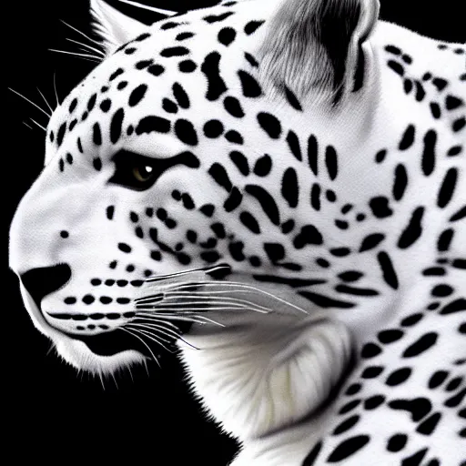 Prompt: a white leopard, black background, hyper realistic