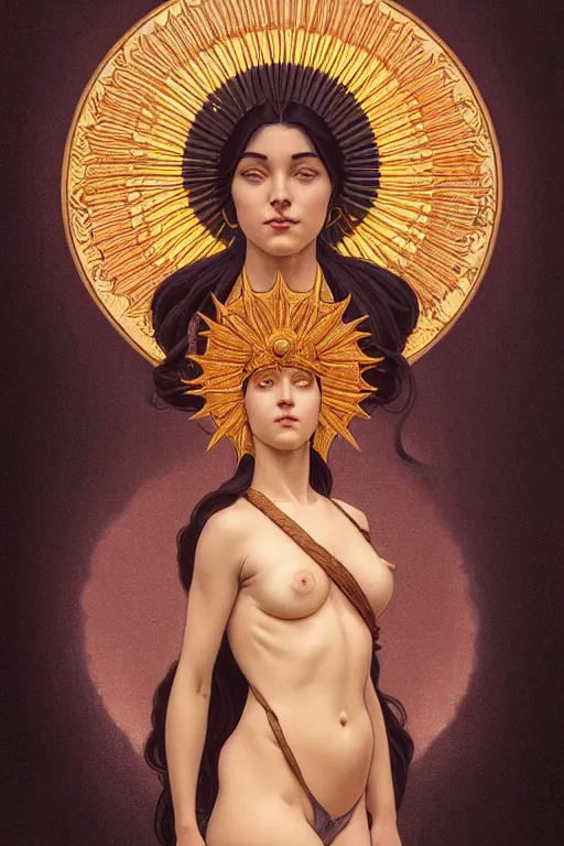 Image similar to symmetry!!!! intensely intricate tintype fan art of full frontal pose of a young sun goddess, protagonist, overtaking a young moon god, antagonist, intricate, elegant, highly detailed, my rendition, digital painting, artstation, concept art, smooth, sharp focus, illustration, art by artgerm and greg rutkowski and alphonse mucha