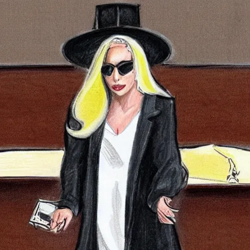 Image similar to courtroom sketch of lady gaga in the witness stand pointing at the hamburgler