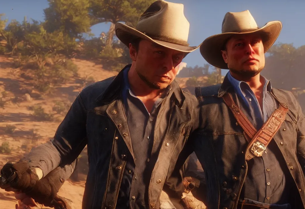 Image similar to elon musk in the red dead redemption 2, elon musk in the video game red dead redemption 2, gameplay screenshot, close up, 3 d rendering. unreal engine. amazing likeness. very detailed.