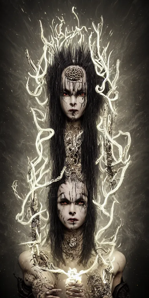 Image similar to centered full body and head , spiked black hair character design of realistic asian Sumerian Death Goddess ivory skin runic icons + mystical symbols, with small bleached bones covering vest and flowing electricity and smoke , fantasy, intricate, elegant, highly detailed , peter mordenbacher,Mike Winkelmann, ultra realistic, intricate, epic lighting, 8k , unreal engine 5, ultraviolet colors