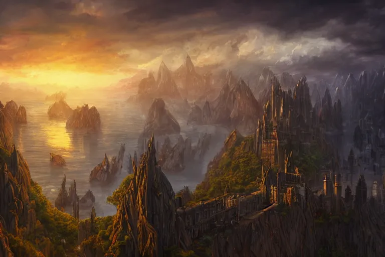 Image similar to high aerial shot, fantasy landscape, sunset lighting ominous shadows, cinematic fantasy painting, dungeons and dragons, a port city, harbor, bay, with an elvish fortress inspired by the syndey opera house by jessica rossier and brian froud and hr giger