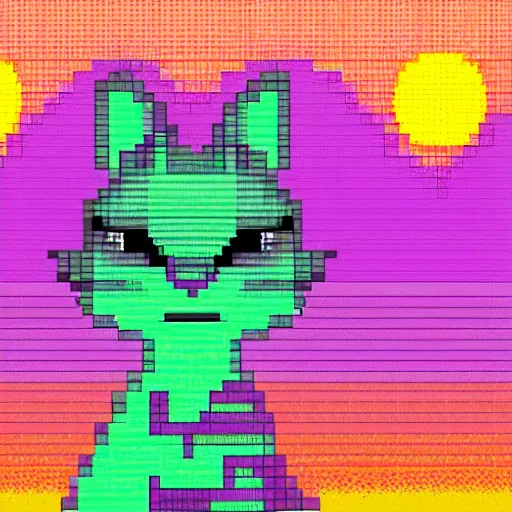 Prompt: a pixel art of a unicorn cat, watching the sunset over manhattan