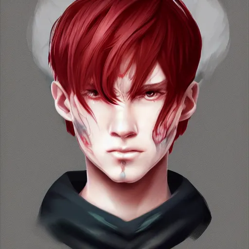 Image similar to portrait, 30 years old man :: fantasy :: red hair ponytail :: left burn scars :: high detail, digital art, RPG, concept art, illustration, Deviantart